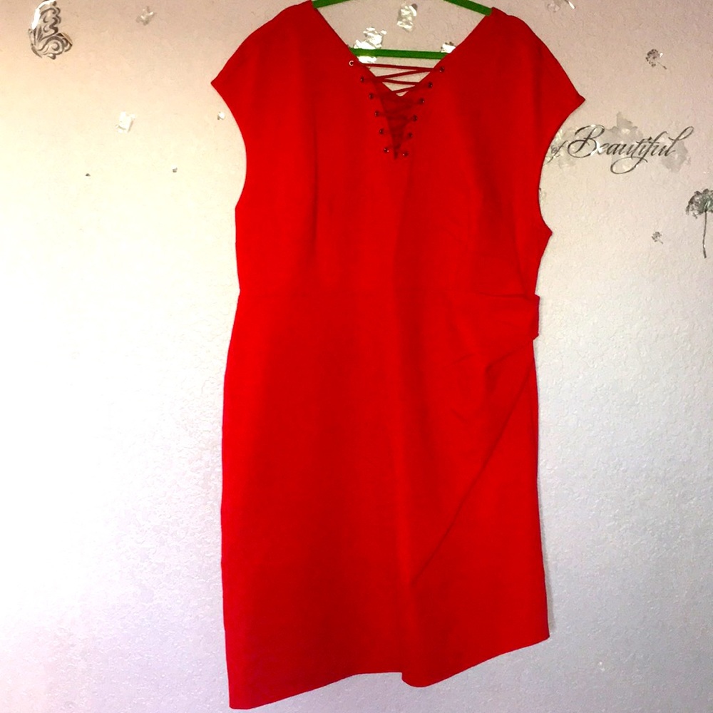 NWOT Plus Size Red V-neck Asymmetrical Midi Dress